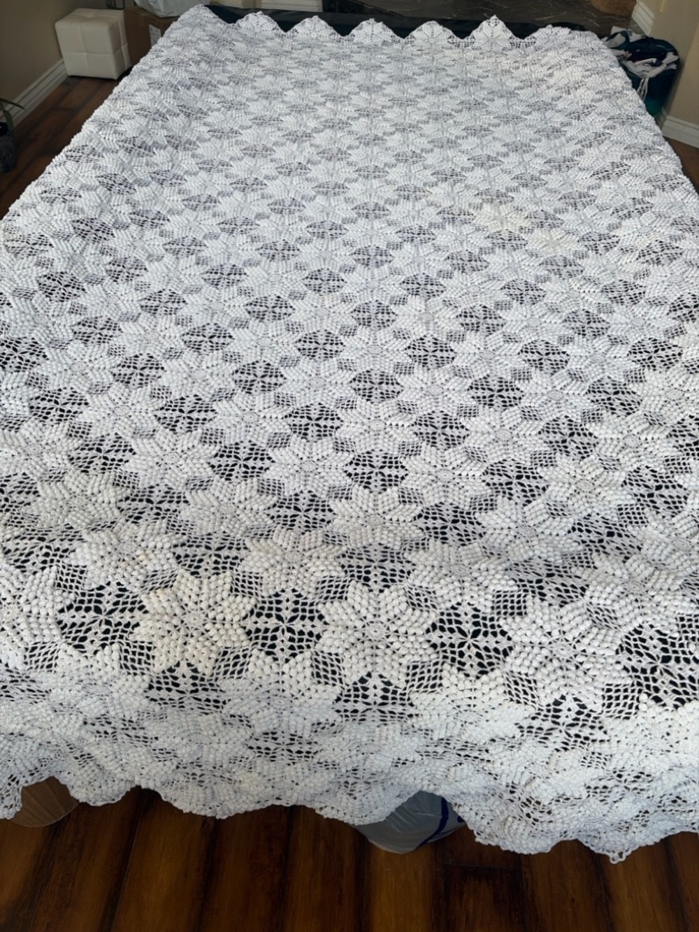 White Popcorn Crochet Floral Bedspread 110x105 Queen Coverlet